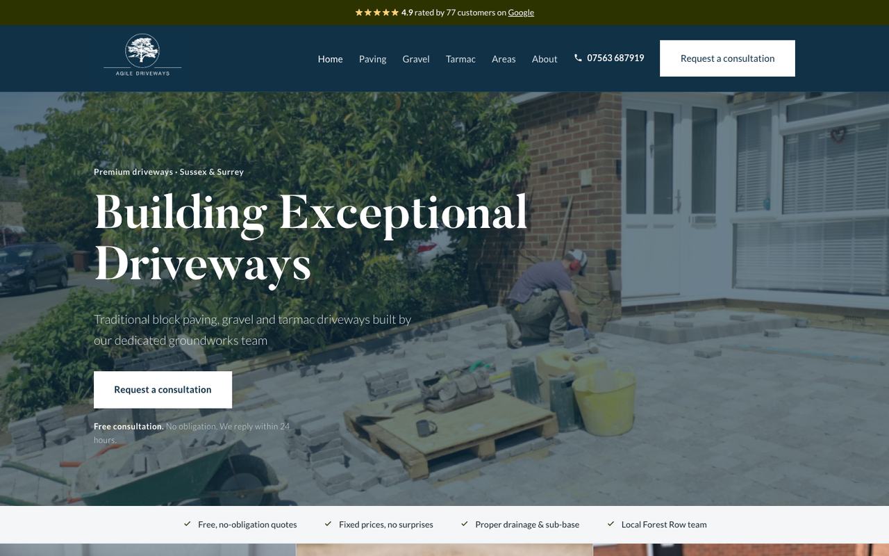 The Agile Driveways website on a desktop screen